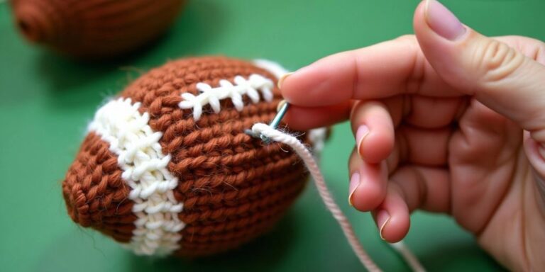 Person crocheting a small football ball.