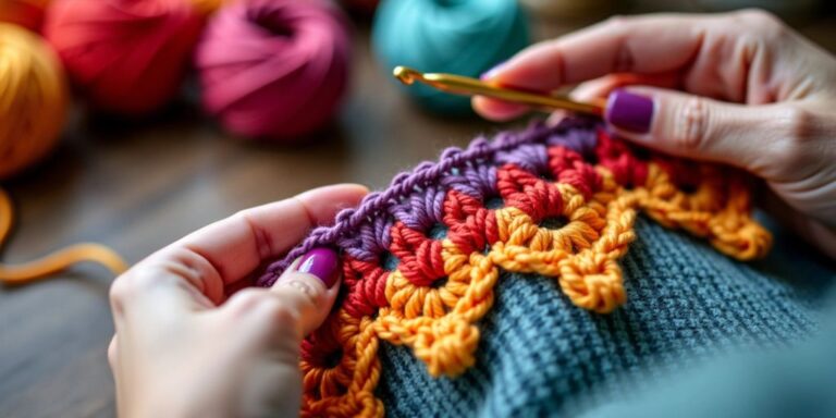 Hands crocheting a colorful spike edge