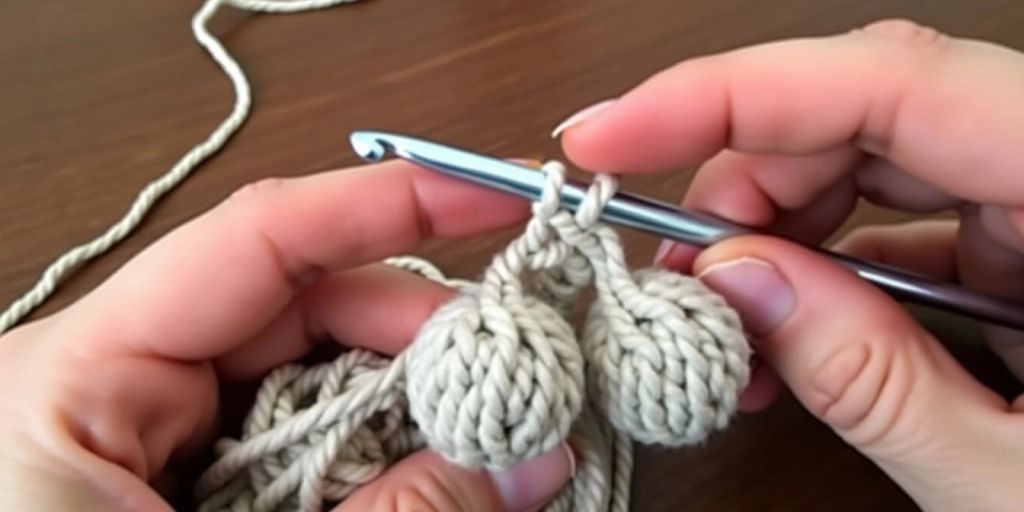 Hands crocheting mini bobble stitch with light yarn.
