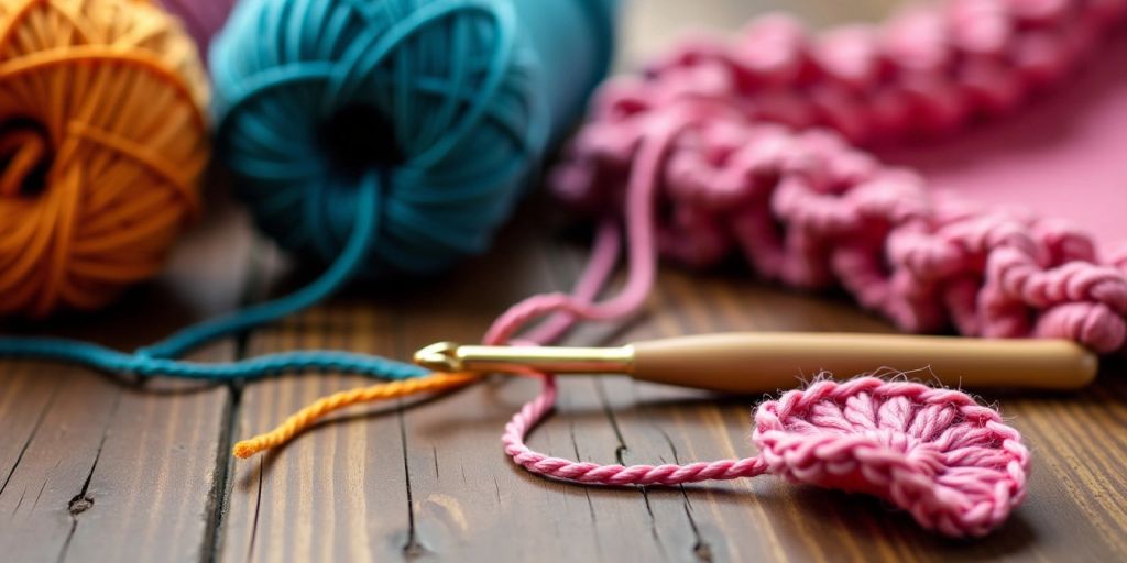 Colorful crochet yarn and hook on a table.