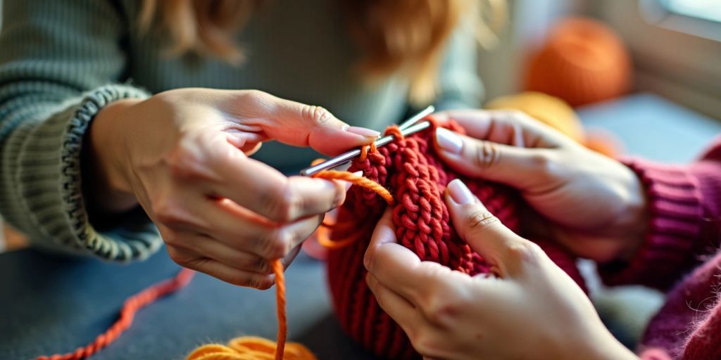 Hands knitting and crocheting with colorful yarns