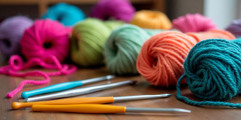 Colorful yarn and crochet hooks on a table.