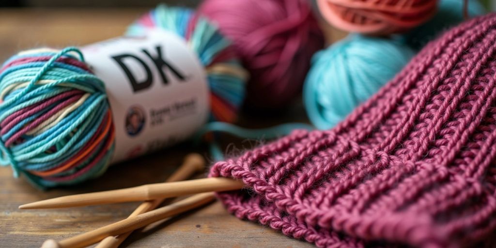 Colorful DK yarn with knitting needles and beanie.
