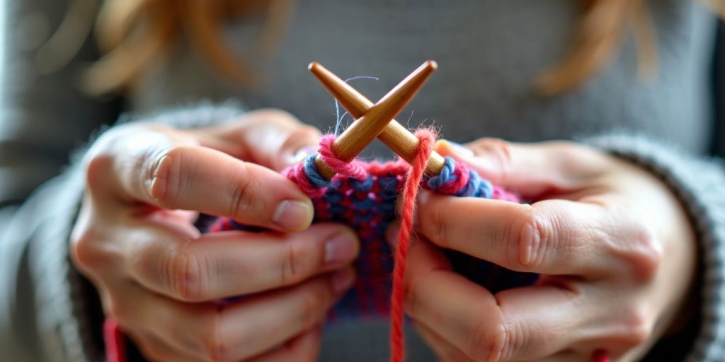 Hands knitting with yarn over technique.