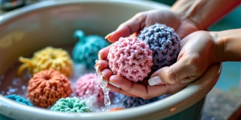 Hand-washing colorful crochet items in soapy water.