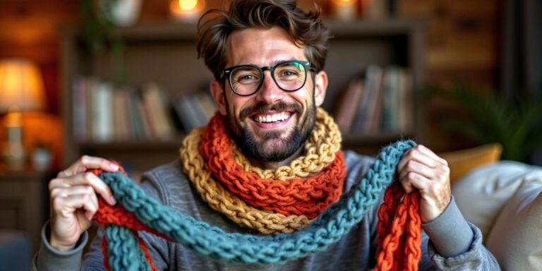 Man holding a crochet scarf, smiling.