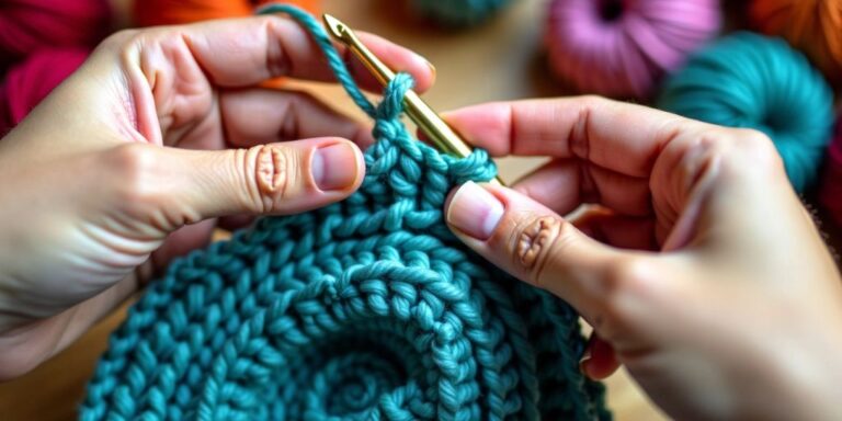 Hands starting a magic round crochet.