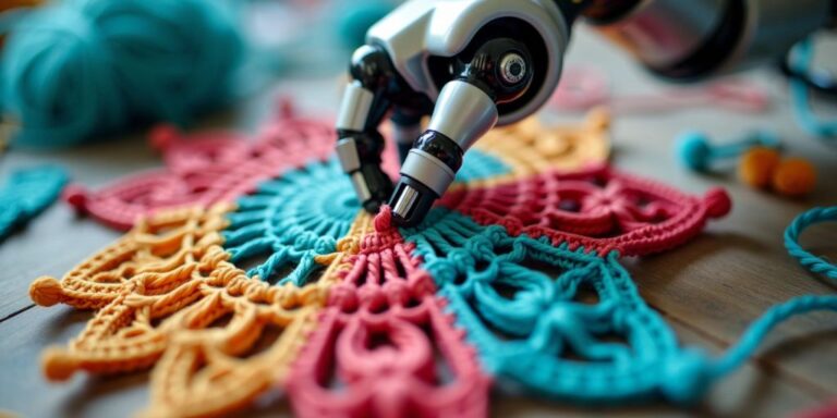 Robot arm crocheting a colorful piece