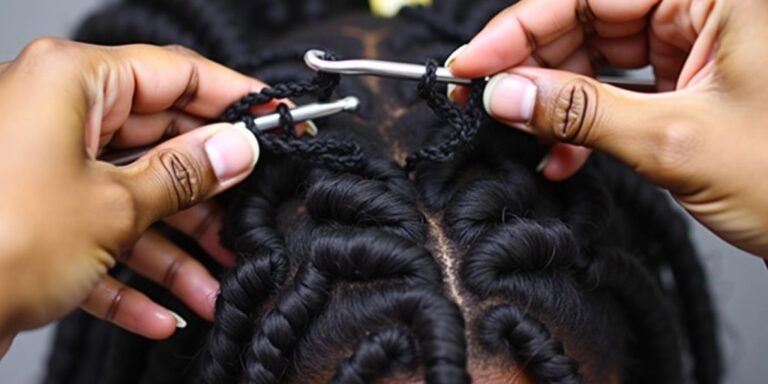 Hands crocheting loc extensions with a crochet hook.