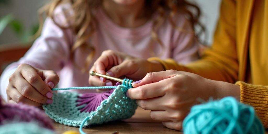 Hands teaching child to crochet with colorful yarn.