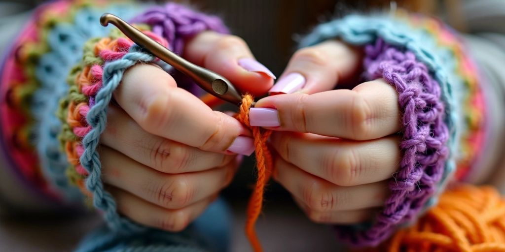 Person crocheting colorful finger gloves.