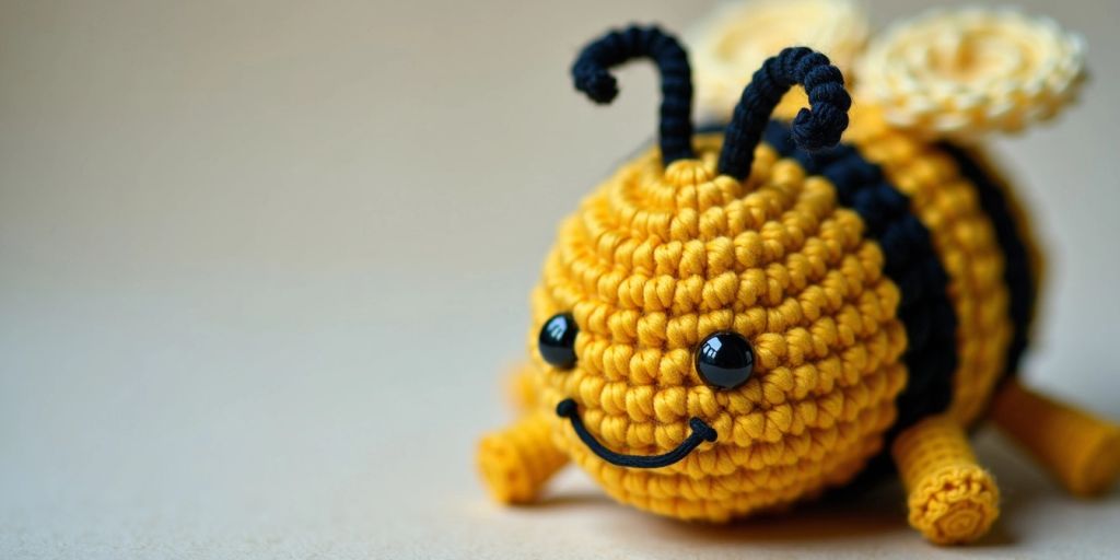 Handmade crochet bee with yellow and black stripes.