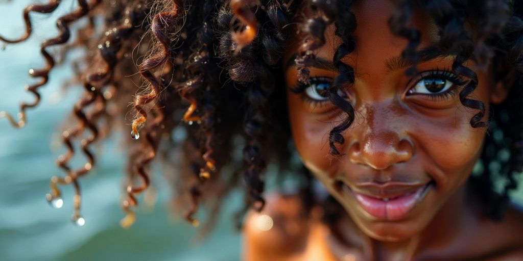 Wet crochet curly hair close-up