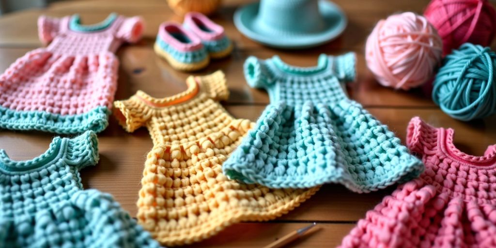 Colorful crocheted doll clothes on a wooden table.