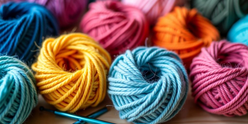 Colorful t-shirt yarn balls with knitting tools