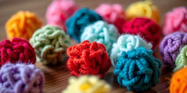 Colorful yarn pom-poms on a wooden table.