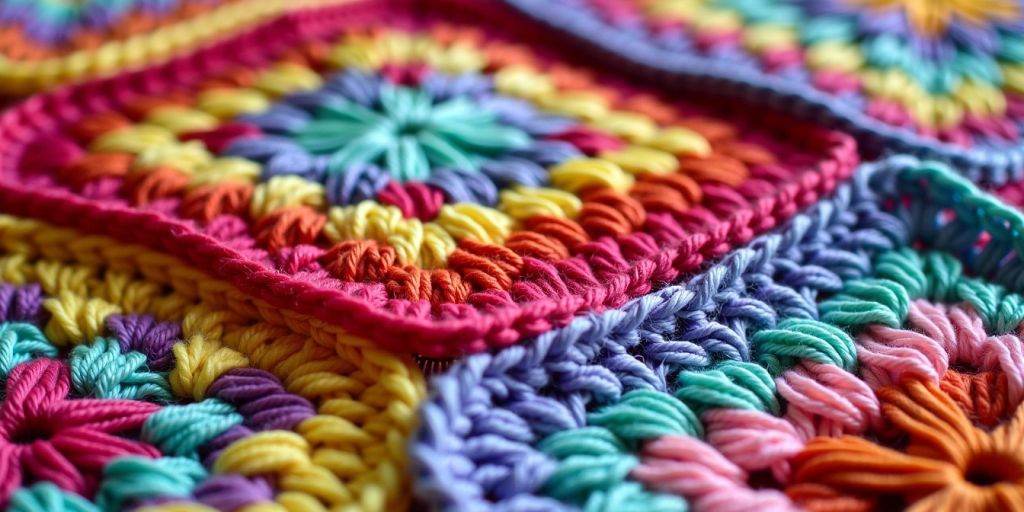 Colorful crochet blanket with intricate patterns