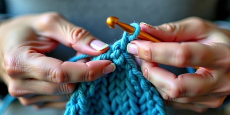 Hands crocheting with blue yarn and hook