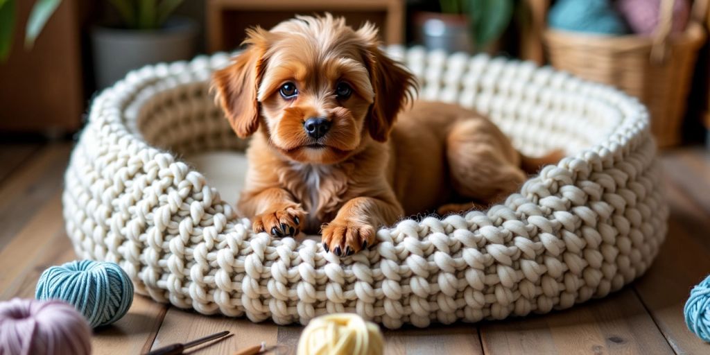 Dog lying on a crochet bed