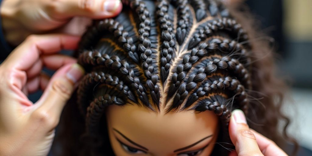 Hands braiding crochet cornrows on a mannequin head.