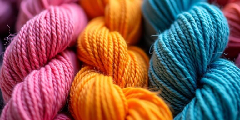 Close-up of thick and thin colorful yarns.