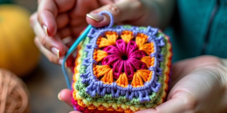 Hands crocheting a colorful square cube.