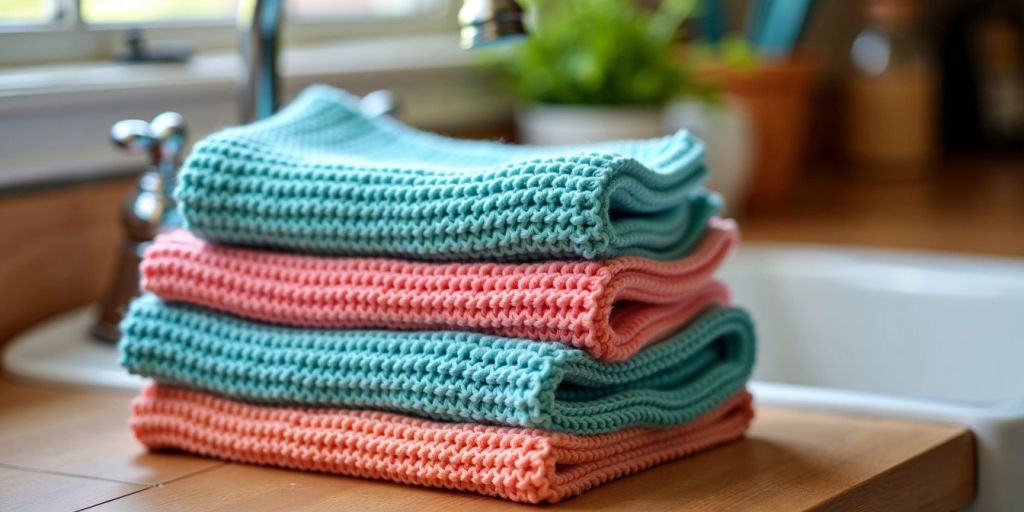 Colorful crochet dishcloths stacked on a kitchen countertop.