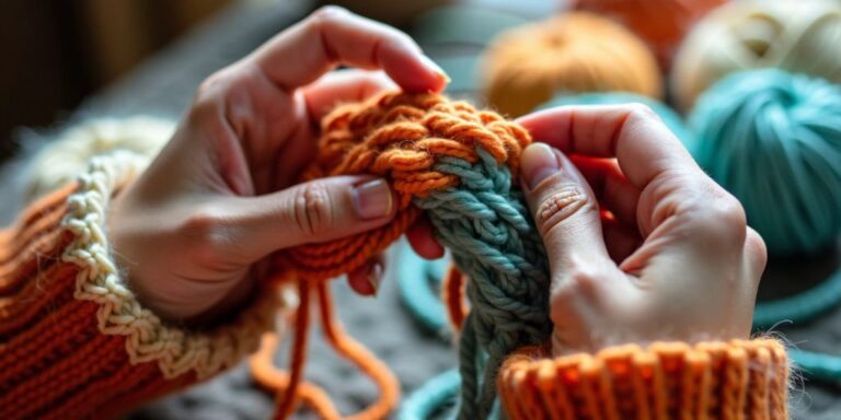 Hands finger crocheting with colorful yarn