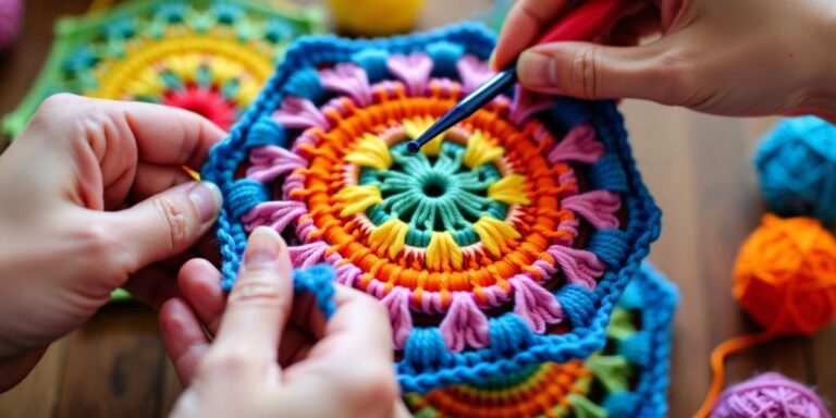 Hands crocheting a colorful hexagon pattern