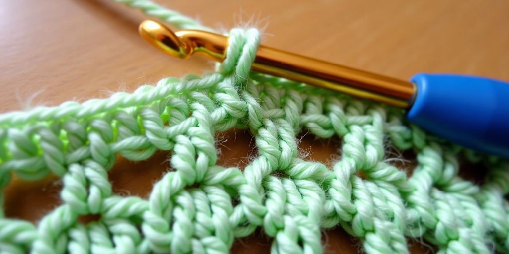 Crochet project with visible holes and a crochet hook.