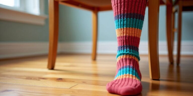 Chair leg with colorful crochet sock