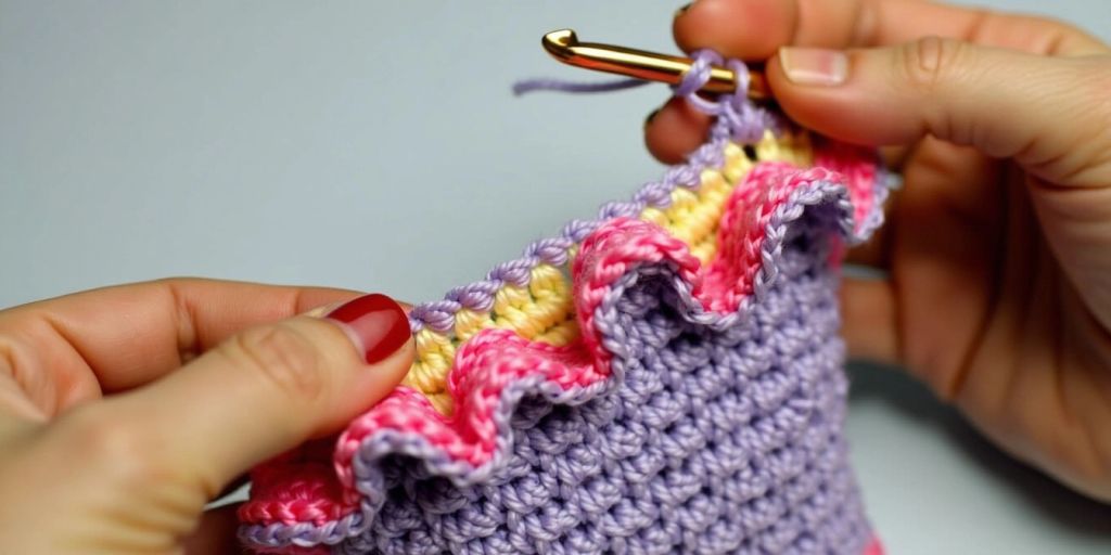 Hands crocheting a ruffle edge