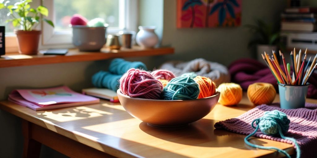 Craft room with yarn and DIY yarn bowl.