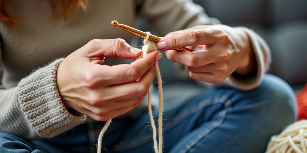 Person crocheting with wrist brace