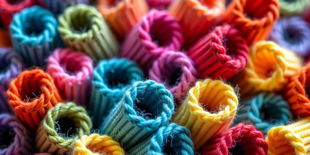Colorful crochet tubes intertwined in patterns