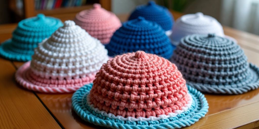 Various crochet kippahs in different sizes and colors.