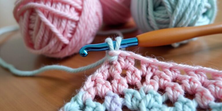 Crochet hook with yarn and stitches