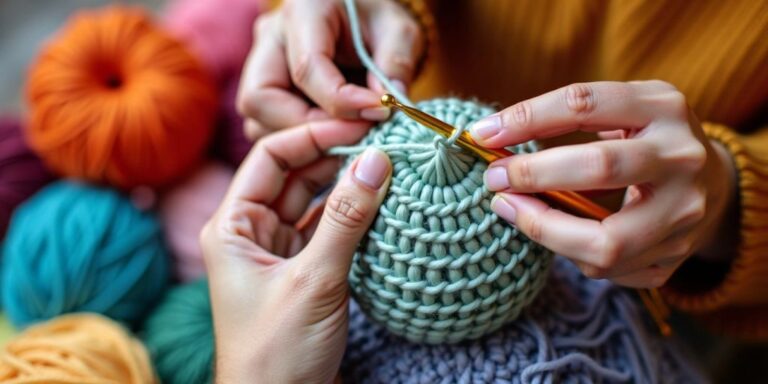 Hands crocheting a large round ball