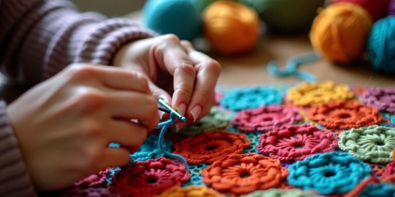 Hands crocheting a colorful mosaic pattern