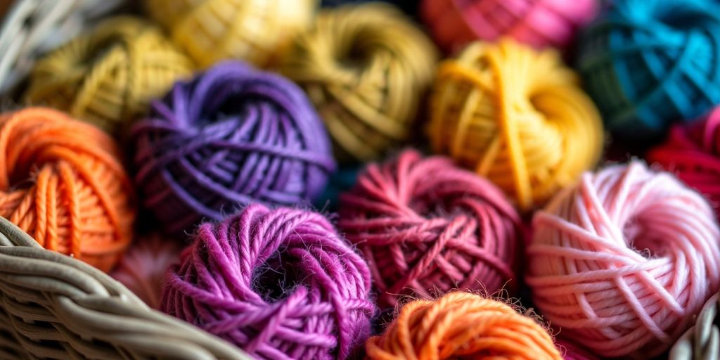 Colorful DK yarn balls in a basket