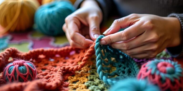 Hands crocheting with colorful yarn