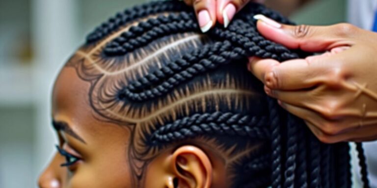 Hands crocheting synthetic hair into natural hair