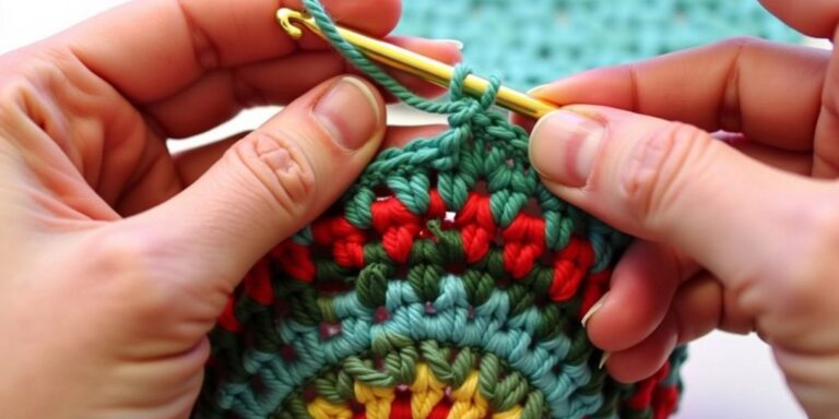 Hands crocheting with a hook and yarn