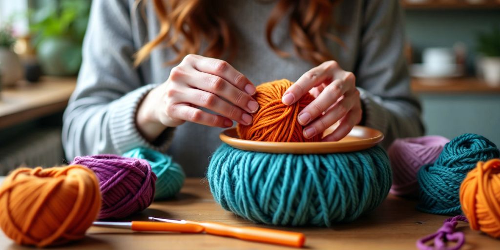 Crocheter using a yarn bowl with colorful yarn.
