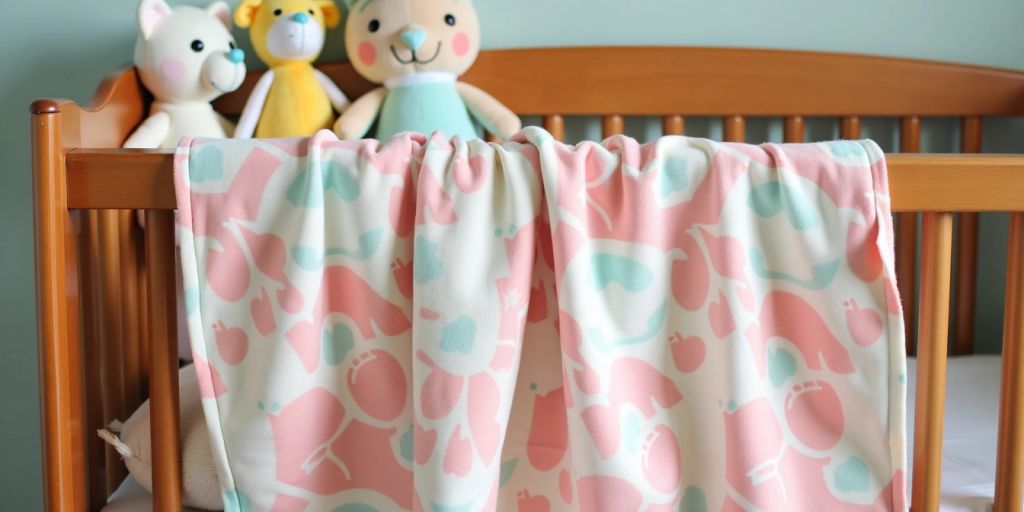 Pastel baby blanket in wooden crib with toys