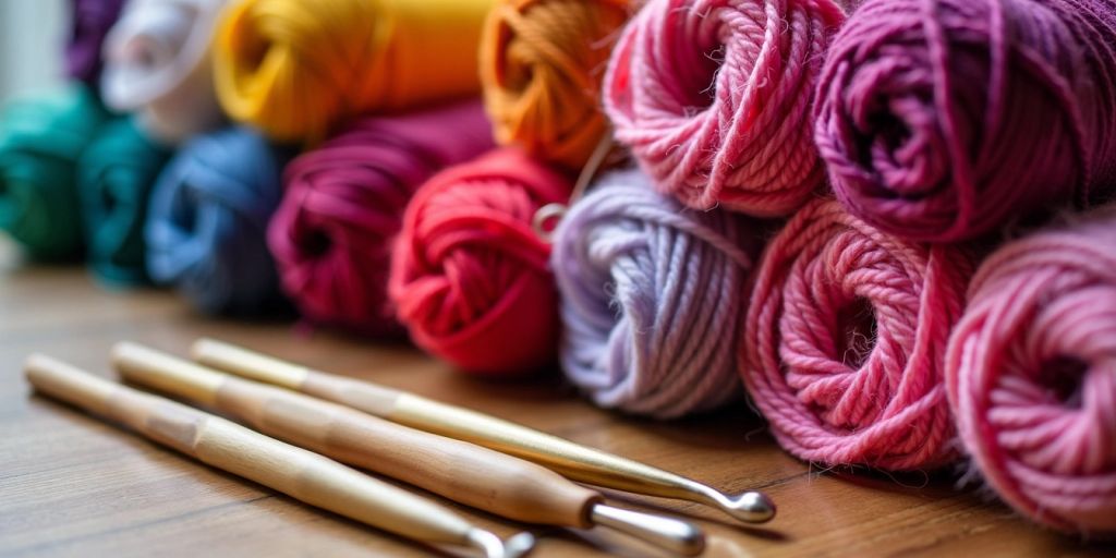 Colorful yarn balls and crochet hooks on a table.