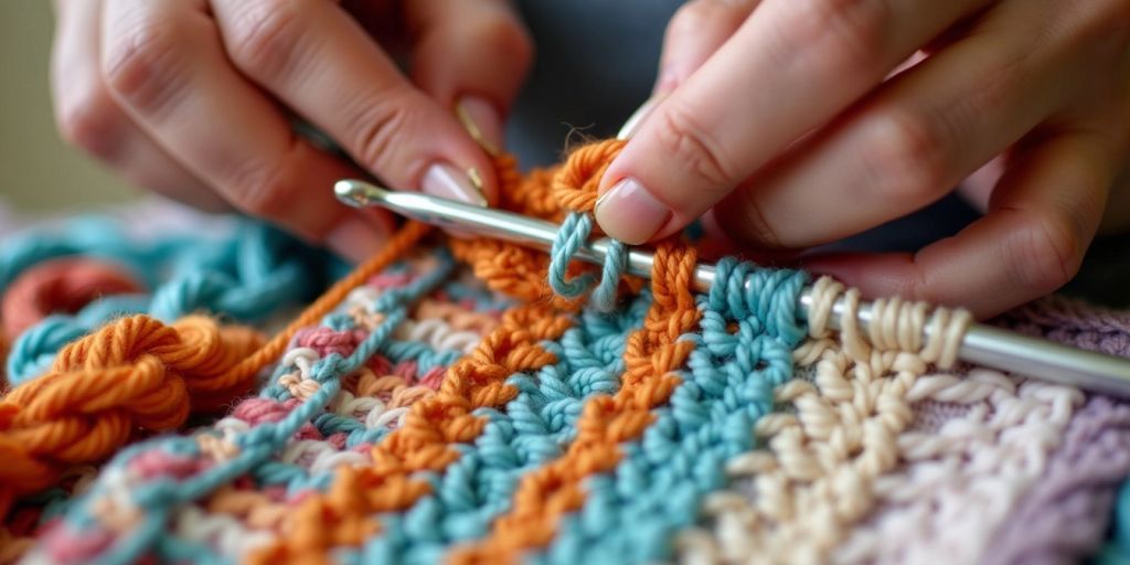 Hands using crochet latch hook with colorful yarn.