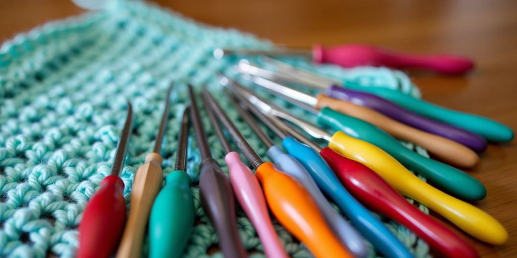 Various crochet hooks on a wooden table.