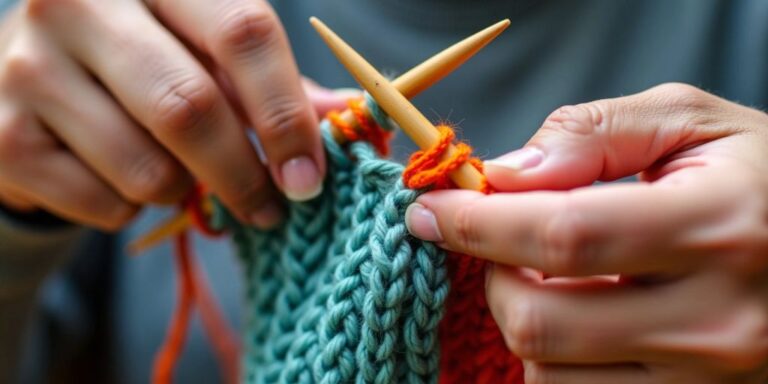 Hands knitting with two yarns.