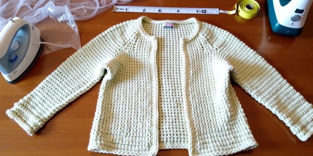 Hand-crocheted sweater with steam iron and measuring tape.